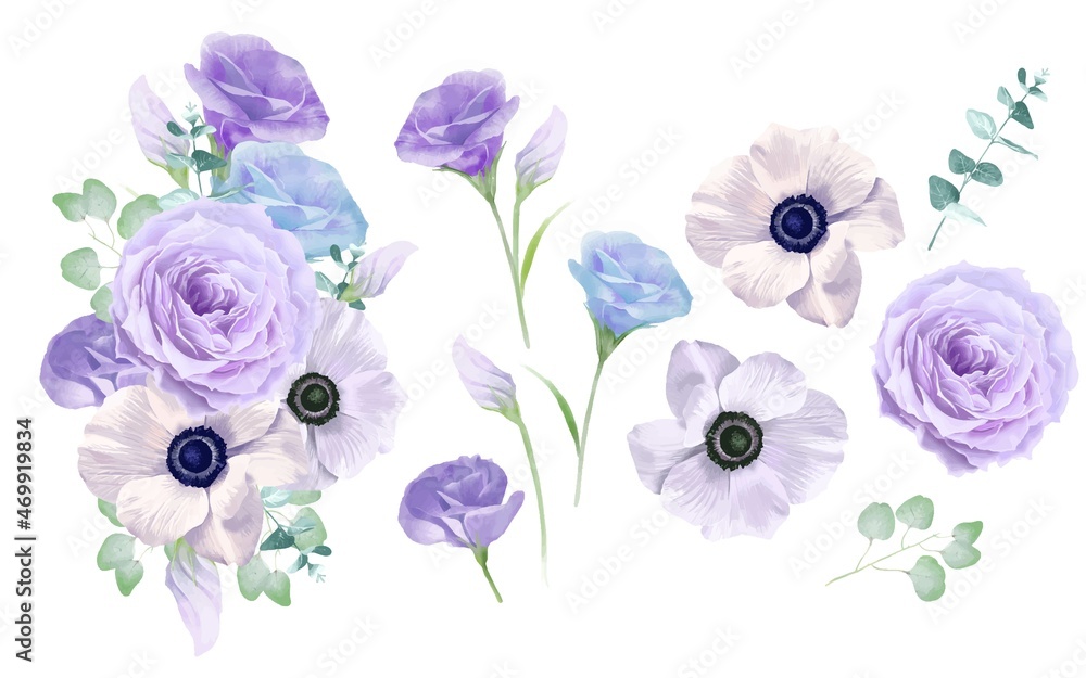 淡い色使いのブルーと薄紫系のバラの花とアネモネの花とリーフと花束のベクターイラスト素材 Stock Vector Adobe Stock