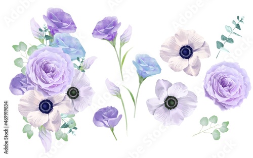 淡い色使いのブルーと薄紫系のバラの花とアネモネの花とリーフと花束のベクターイラスト素材