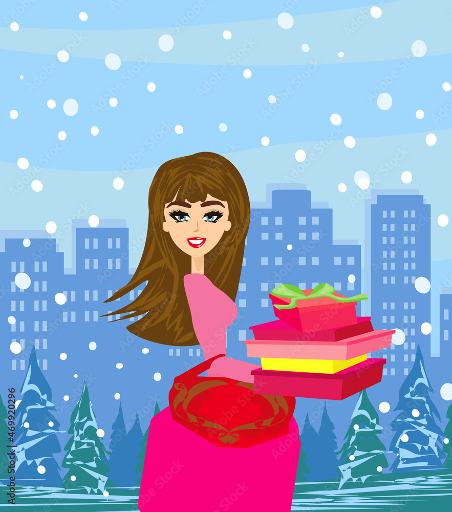 Beautiful girl on Christmas shopping - card Beautiful girl on Christmas shopping - card