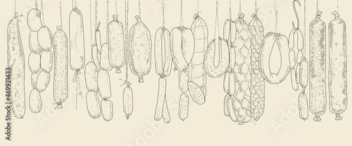 Seamless pattern background of sausage products and meat delicacies. Sausages, bacon, lard, salami in sketch style.