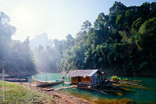 Khao Sok National Park  Surat Thani  Thailand. Longtail boat on Cheow Lan Lake.
