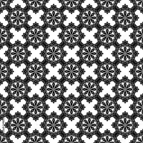 repeating round floral ornament. black and white monochrome seamless pattern. lace. print, cover, template. decorative openwork background for printed products, packaging, textiles.