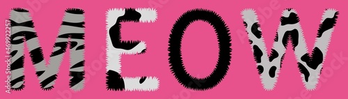 Meow text, shaggy inscription with a different color of cats. Girl slogan tees for decor, print, textile vector.