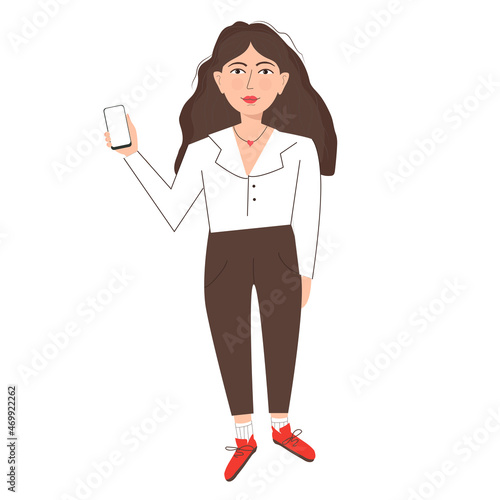 Bright beautiful young woman with mobile phone, front view. Photographing, reading, chatting. Smartphone and internet addiction. Vector flat illustration on white background