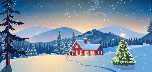 A house in a snowy Christmas landscape at night.