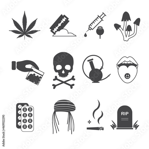 A set of icons of drug addiction from marijuana, cocaine, spices, heroin, synthetic drugs.