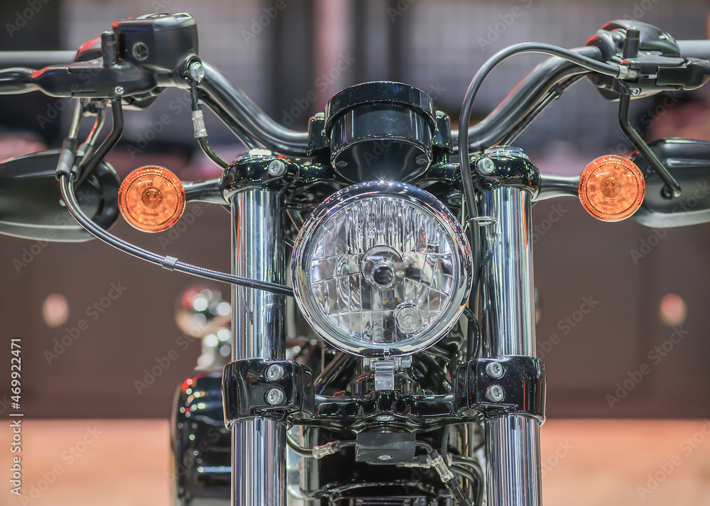 Fototapeta premium Beautiful motorbike front, headlights and round turn lamps, perf