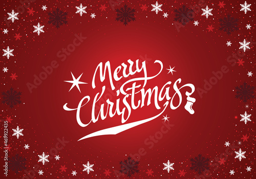 A red christmas background with snowflakes and greetings of  Merry Christmas. Vector illustration.