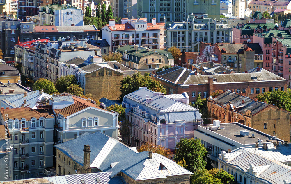 Fototapeta premium Top view of the city streets of Kiev on a summer day