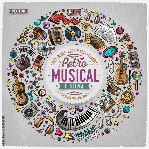 Set of Musical cartoon doodle objects, symbols and items
