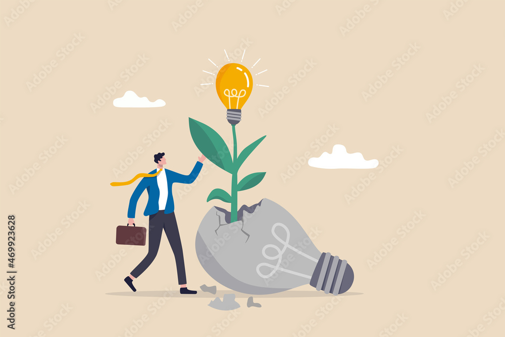 Fail to success, aspiration and effort to invent new innovation, learn from mistake or motivation to success, cheerful businessman look at seedling bright lightbulb idea plant grow from broken one. - obrazy, fototapety, plakaty 