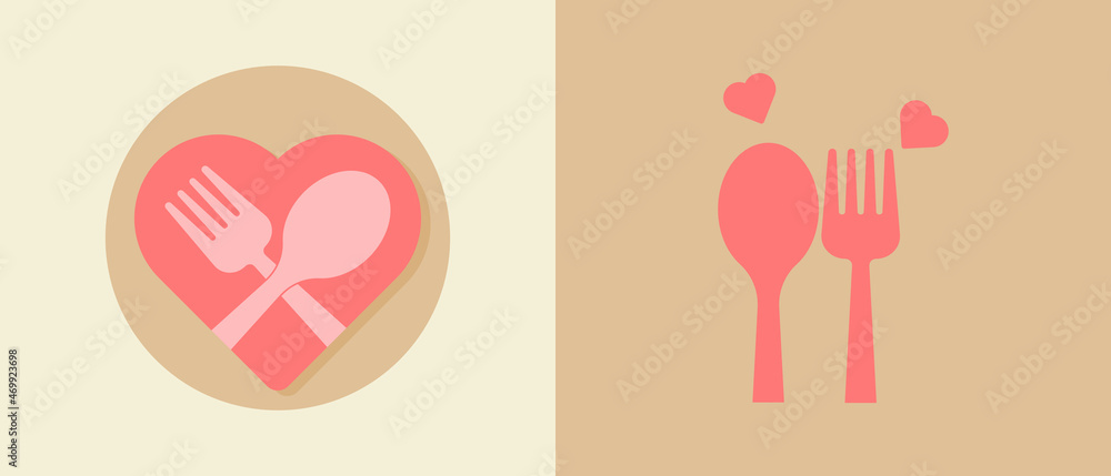 Spoon and fork with hearts flat style icon. Isolated. Spoon and fork with hearts flat style icon. Isolated.