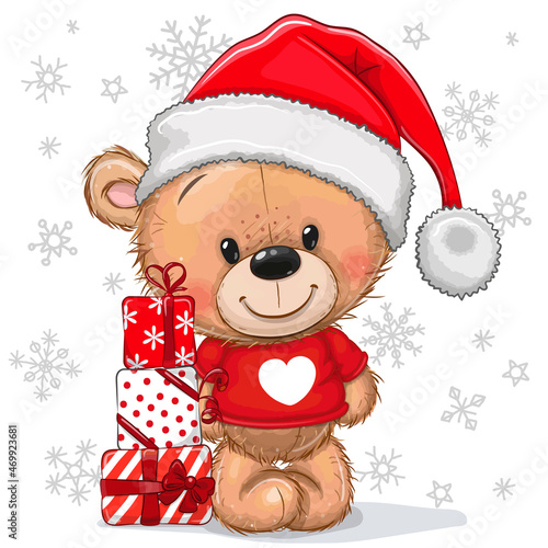 Cute Teddy Bear in a Santa hat with gifts