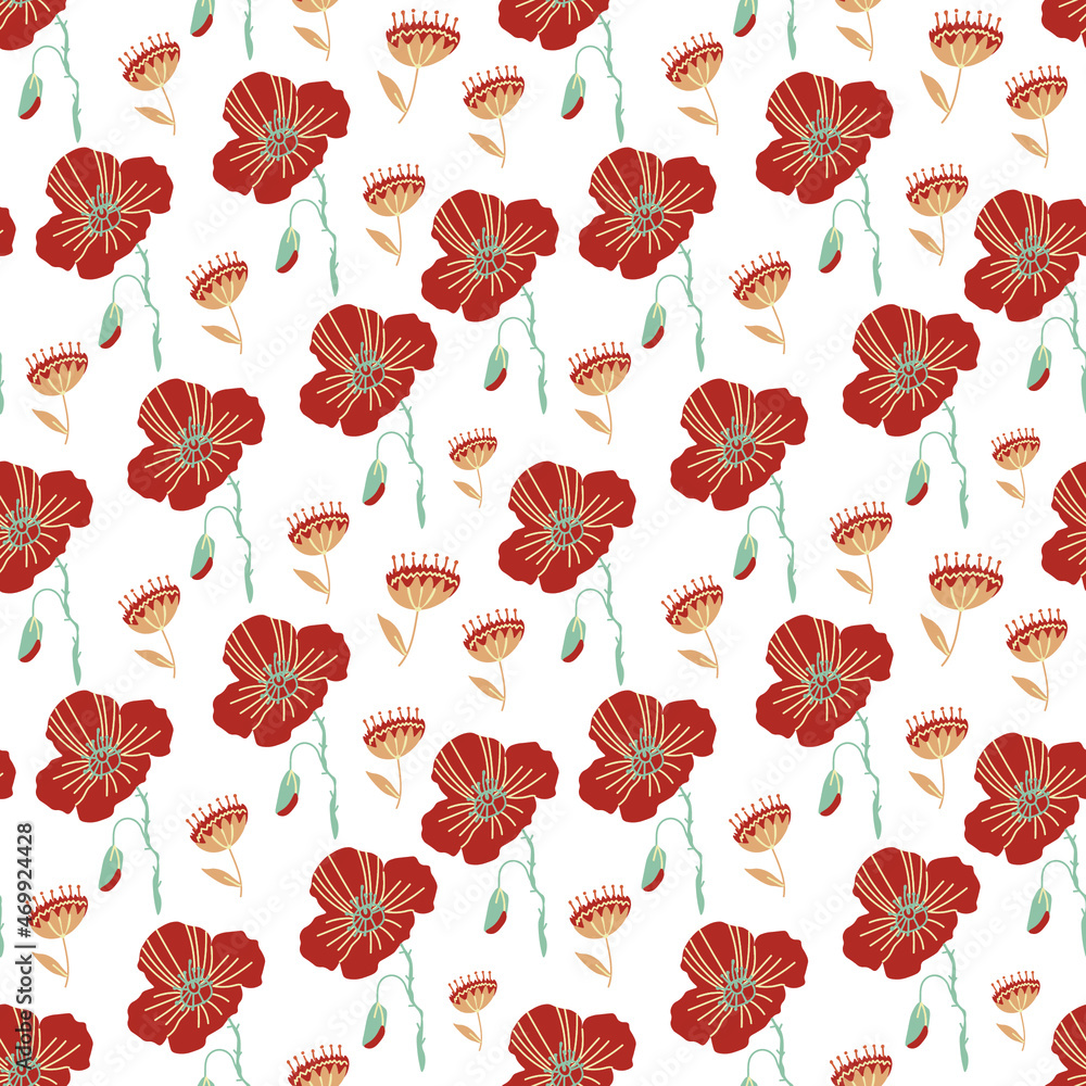 Seamless vector pattern with flowers on isolated background.Decorative,festive,repeating,bright print in flat style.Design for textiles,wrapping paper,packaging,fabric.