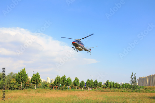 Agricultural helicopters for controlling Hyphantria cunea spray pesticides over the city