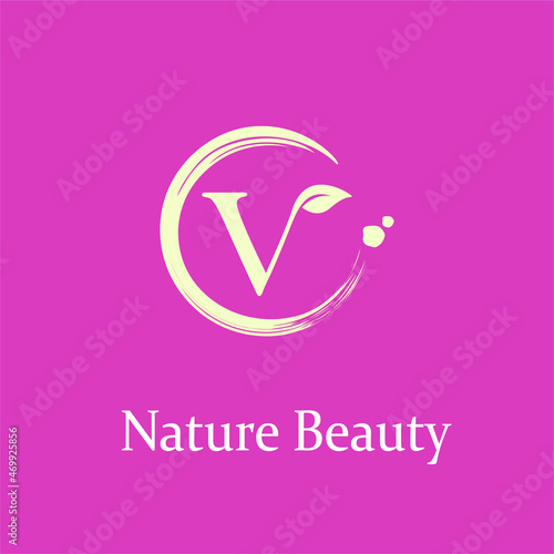 Initial Letter v with Leaf and Circle Brush Splash for Feminine Nature Beauty Spa Aesthetic Salon, farmer, plantation Business Logo Idea