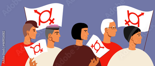 Genderfluid people with flag, genderfluid symbol, Flat vector stock illustration with People of different gender or Crowd or LGBTQ + group