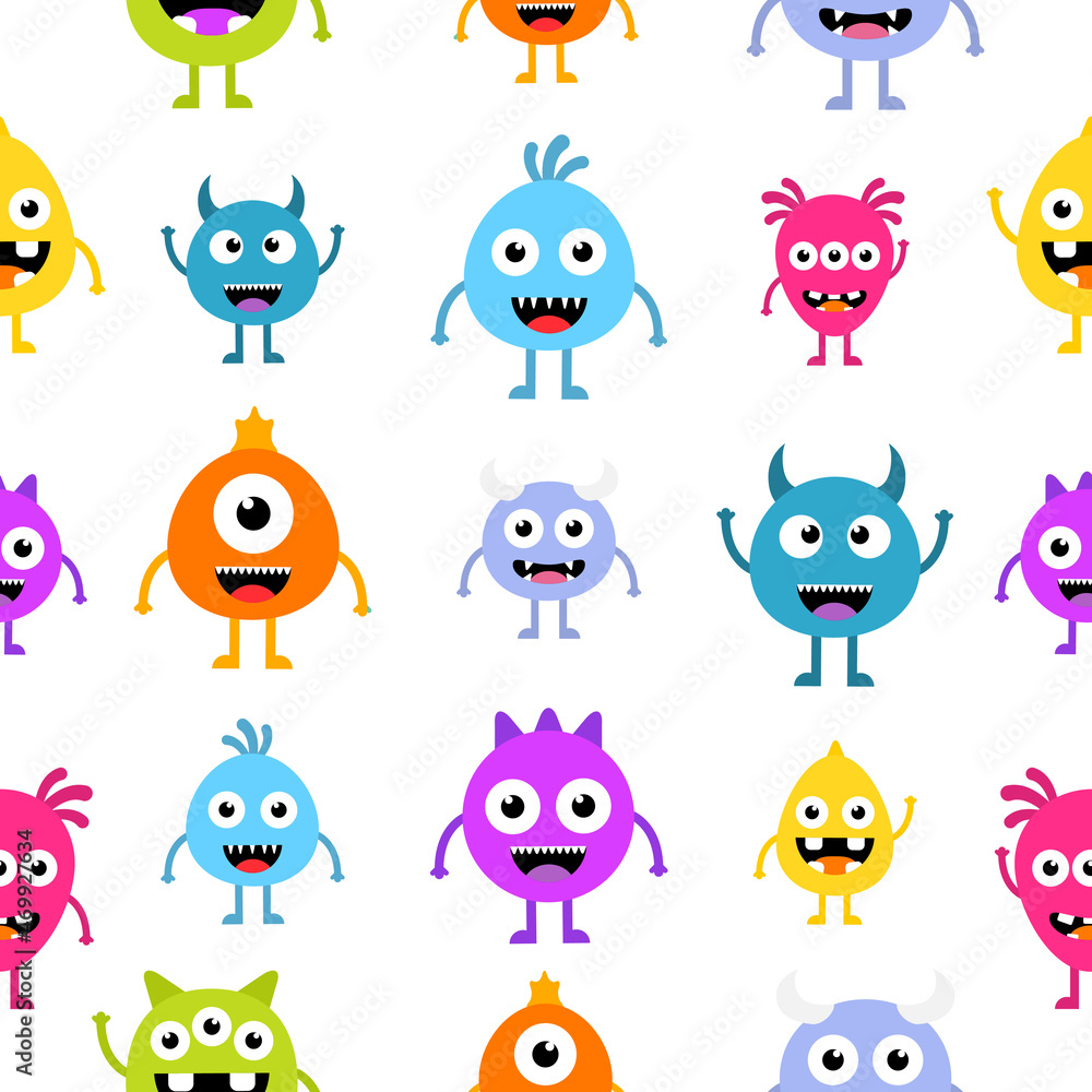 Fototapeta premium Seamless pattern cartoon cute monsters background. Halloween aliens texture.