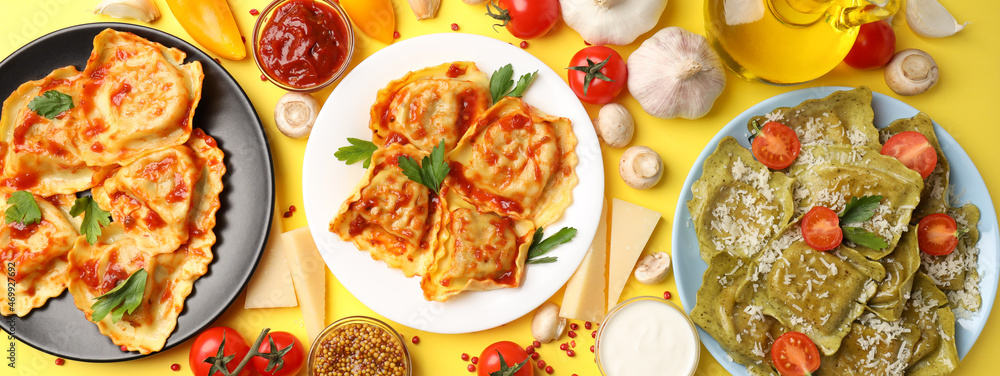 Delicious food concept with ravioli on yellow background