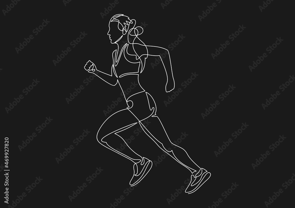 Continuous line drawing. Sport running woman on white background. Vector illustration