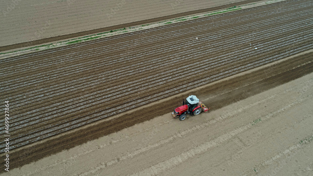 Farmers use planters to plant plastic coated peanuts on farms, North China