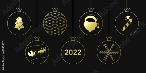 Golden Christmas baubles on black background. Vector illustration.