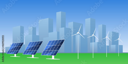 Wind turbines and solar cells near city. Sustainable energy. Vector illustration.