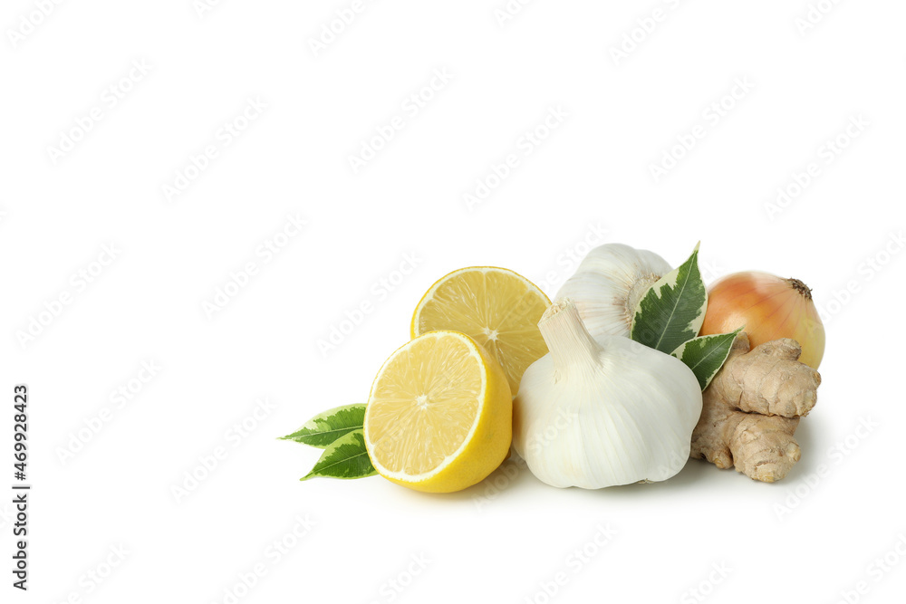Concept of treatment colds with honey and garlic isolated on white background Concept of treatment colds with honey and garlic isolated on white background