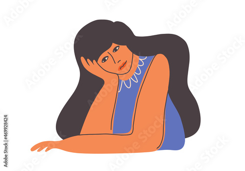 Sad upset woman sitting resting head on hand. Unhappy lonely aloof look girl. Depression, anxiety, mental health problem. Tired worried mother waiting at home. Frustrated female vector illustration