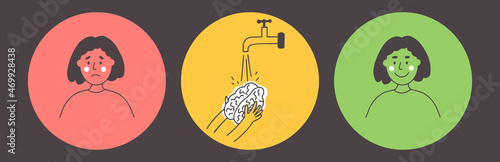 Set of abstract vector illustrations of female character washing brain. Brainwashing, clean mind. Psychology, therapy, making happy. Sad woman cleaning brain under water tap. Mental health, self care