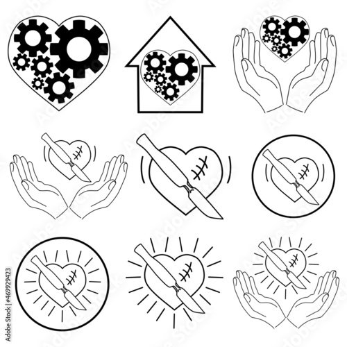 Heart icon with gear wheel, human hands and lancet isolated on white background. Cardiac surgery symbol for medical congress, clinic logotype, sign, transplantation emblem or other use. Vector set.