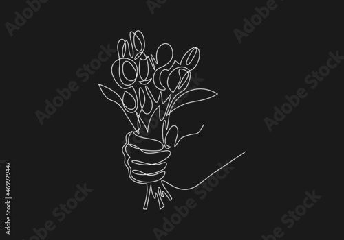 One continuous line drawing of fresh beautiful romantic flower bouquet.Hand holding bouquet of flowers.