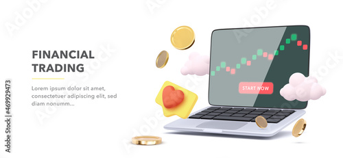 Financial trading banner in 3d realistic style. Investment trading in the stock market. Vector illustration