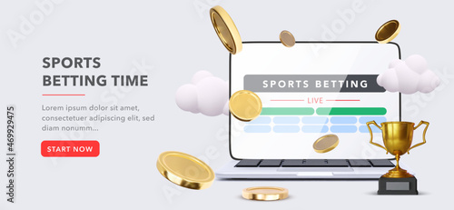 Online sports betting banner concept with lapotop, coins, clouds and a goblet in a realistic style. Vector illustration