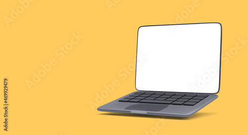 Realistic black 3d laptop with shadow isolated on yellow background. Vector illustration