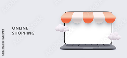 Banner of realistic 3d detailed ecommerce concept include of screen laptop. Concept of online store in your laptop. Vector illustration