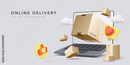 Online delivery banner with 3d realistic laptop, parcels, clouds, and social icons in realistic style. Vector illustration