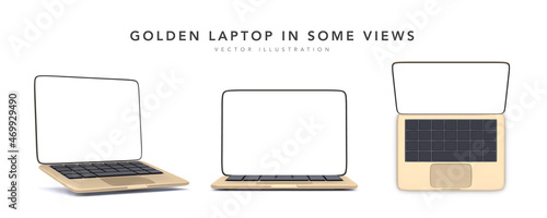 Set of golden 3d realistic laptops in some views isolated on white background. Vector illustration