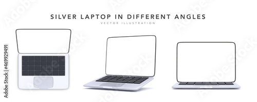 Collection mock-ups of 3d realistic laptops in silver color. Set of mockups generic device. Template laptop for presentation. Vector illustration