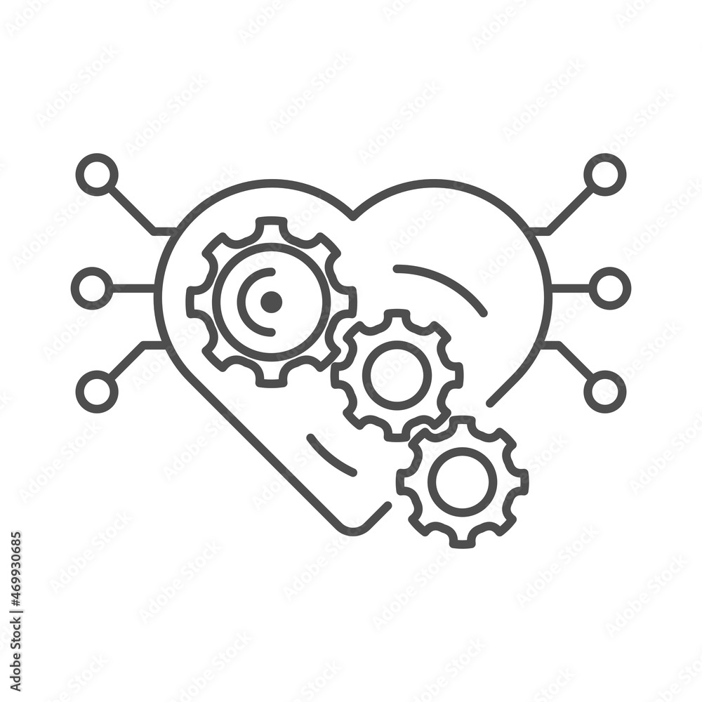 Heart with gears. Outline thin line icon. Isolated on white background. Heart with gears. Outline thin line icon. Isolated on white background.