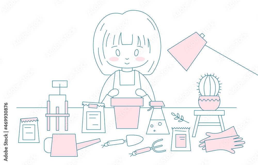 Girl is gardening outline illustration. Female character, plant care, flower pot in doodle linear sketch style. Hobby minimal background concept. Isolated vector.