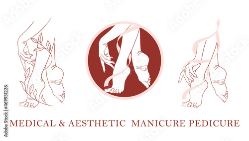 Manicure and pedicure master logo, simple stylish icons for beauty salon, spa, nail, hand and foot care, medical massage.