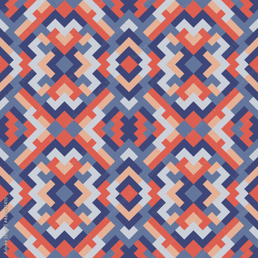 Mosaic seamless texture. Abstract pattern. Vector geometric background of triangles in blue and orange colors