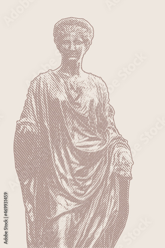 A statue of the Greek goddess Flora. Female sculpture. Woodcut engraving style. Vector illustration 
