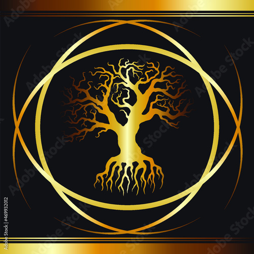 Goldener Baum auf schwarzem Hintergrund, Goldverlauf, Goldelemente, Vektorgrafik