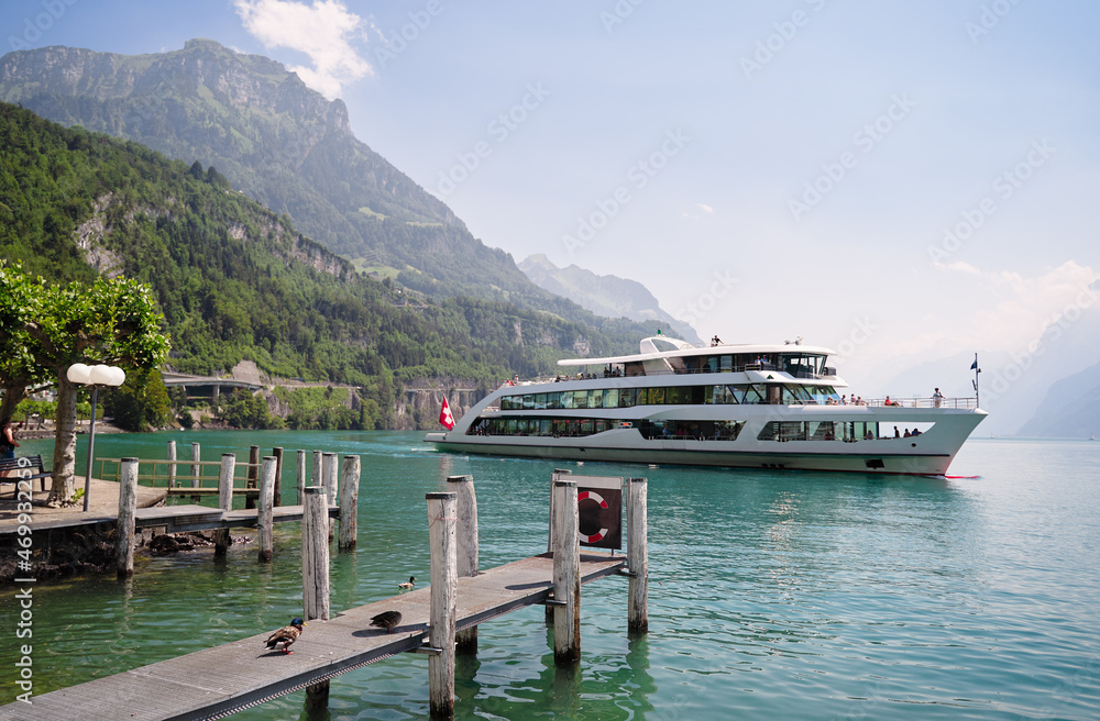 Travel by Switzerland. Shore of Brunnen with beautiful mountains and lake view. Travel by Switzerland. Shore of Brunnen with beautiful mountains and lake view.