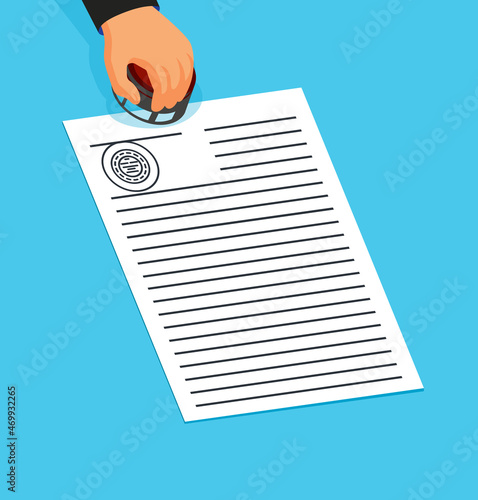 Notary service advertisement. Legal document with hand witnessing legal documents by seal or stamp. Color vector illustration in flat style