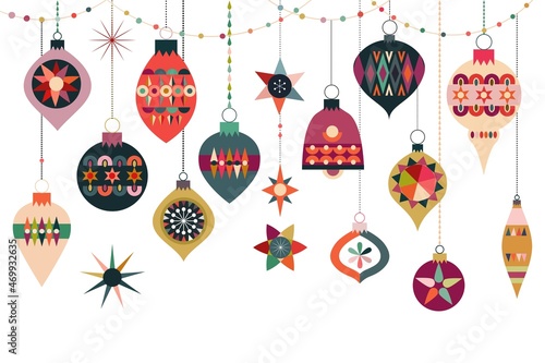 Christmas balls collection, flat style, geometric shape, winter design