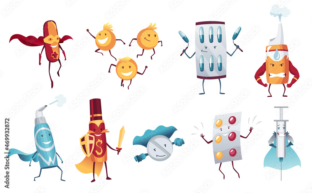 Obraz premium Set of pills super hero. Cute cartoon character with smiled faces. Blisters with capsule and tablet, spray, like a supermans. Medicinal strong help