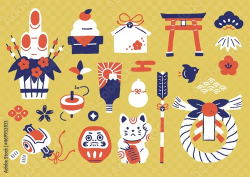 レトロでかわいい手描きのお正月イラスト素材セット